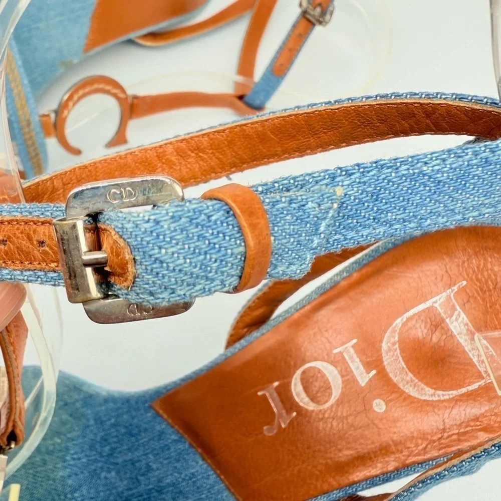 Christian Dior Vintage Denim Leather CD logo floral embroidered wedge heels 38.5